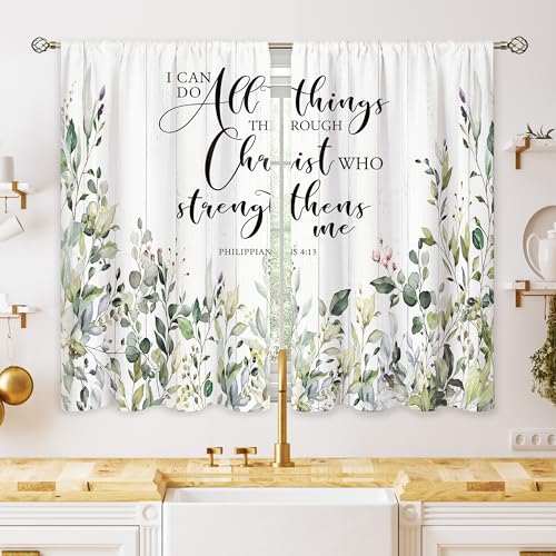 oolygoo Farmhouse Wooden Eucalyptus Small Kitchen Curtains Botanical Leaf Bible Quotes Floral Window Treatment Flower Cafe Short Window Curtains for Bathroom Dining Laundry Room Tier Treatment Drapes