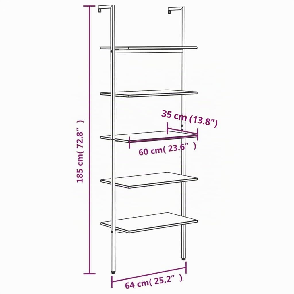 vidaXL Anlehnregal mit 5 Ablagen Bücherregal Büroregal Standregal Aktenregal Leiterregal Wandregal Bücher Regal Hellbraun Schwarz 64x35x185 cm