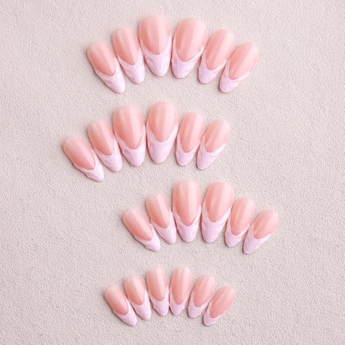 Image of Pink French Tip Press on Nails Medium Almond Fake Nails 3D Swirl Stick on Nail Glossy Full Cover for Women Manicure 24Pcs