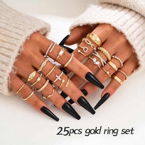 FAXHION 25 PCS Gold Stackable Rings Set for Women, Simple Twist Knuckle Finger Ring Trendy, Dainty Stacking Statement Thumb Rings Pack Jewelry Gift2