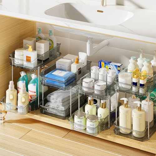 Image of Delamu 2-Tier Under Sink Organizers and Storage, Multi-Purpose Stackable Bathroom Cabinet organizers, Pull Out Kitchen Pantry Organization and Storage with Dividers(4 Pack, Grey)