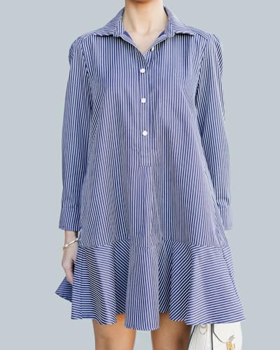 Image of YEXPINE Women's Tunic Mini Shirt Dress Cotton Linen Long Sleeve Button Up Ruffle Hem Loose Casual Summer Pockets Shift Dress