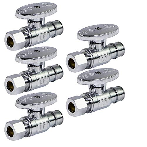Image of Midline Valve G-82512QS-OM-5 Water Supply Stop Valve with Quarter Turn Wheel; Straight Shut-off for Toilet, Sink, Dishwasher; 1 /2 in. PEX A x 3 /8 in. COMP; Chrome Plated Brass (5 Pack)