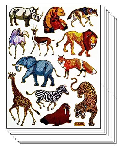 Stickers Glitter Pack 10 Sheets Bear Rhino Wolf Horse Deer Lion Elephant Fox Giraffe Zebra Leopard Walrus Cartoon Sticker Paper Decal Label DIY Book Diary Scrapbooking Sticker Reward Gift (05)