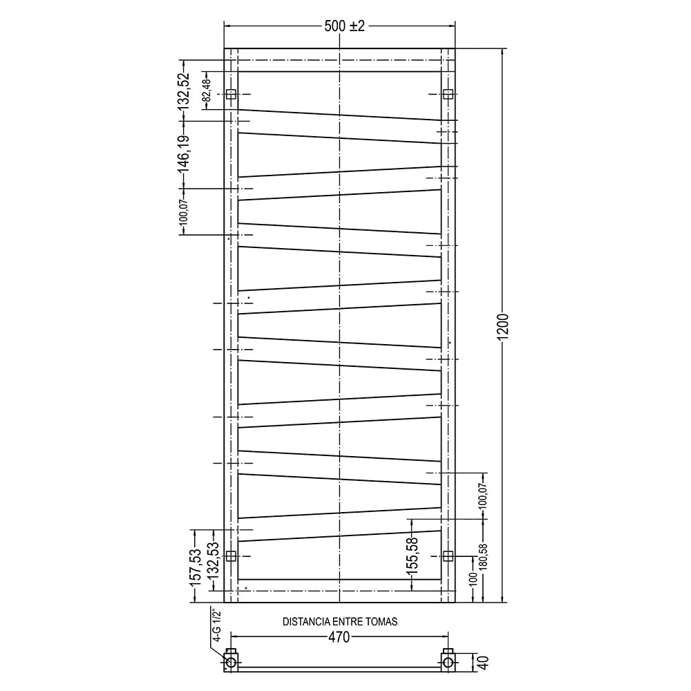 Toallero Secatoallas radiador INS para integrar en circuito de agua caliente, tubos de acero planos asimétricos con acabado lacado en blanco 1200x500. Válido para red de calefacción estandar