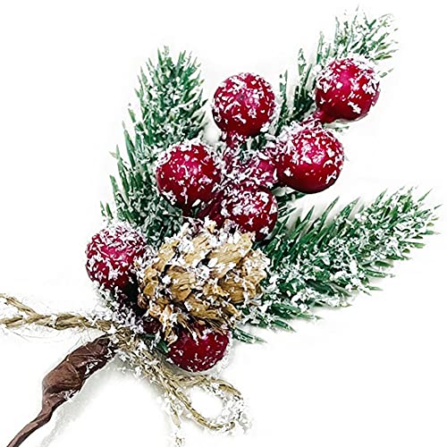 LEBERY 8pcs Christmas Berries Red Stems Evergreen Pine Branches, Christmas Picks Spray Artificial Pine Cones Holly Stem Craft Winter Holiday Floral Picks for Décor DIY Xmas Garland Wreath Ornament
