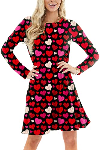 Women's Valentines Dresses Love Long Sleeve A-Line Swing Shirt Dress M