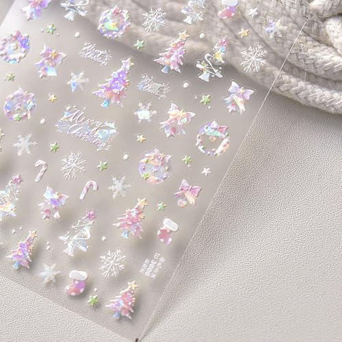 Aurora 5D Embossed Pink Christmas Tree & Snowflake Nail Decals - Self Adhesive Merry Christmas Nail Art Supplies