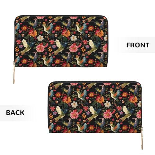Colorful Hummingbird Flowers Print Wallet Women Men, Long PU Leather Wallets for Women, Cute Womens Travel Wallet Purse Pouch with Zipper Pocket2