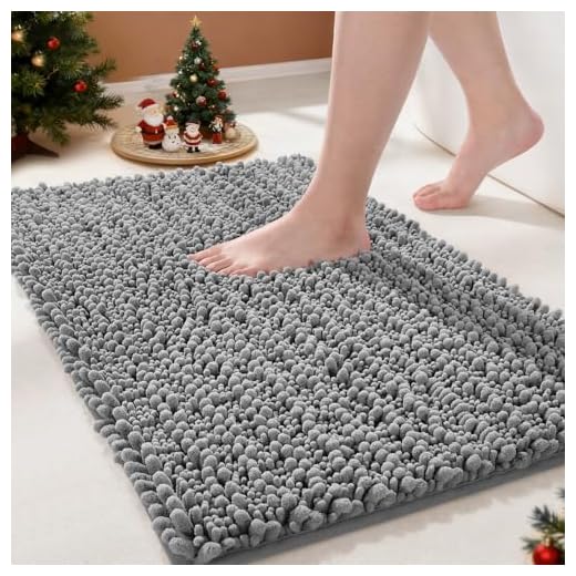 Yimobra Bathroom Rug Mat, 24'' x 17'', Luxury Chenille Shaggy Microfiber Bath Rugs, Extra Soft & Thick, Absorbent Water, Non-Slip, Machine-Washable, Bath Mats for Bathroom Floor,Tub and Shower, Gray
