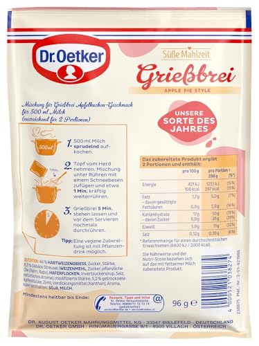 Dr. Oetker Süße Mahlzeit Grießbrei Apple Pie Style, 12er Pack (12 x 96 g) - Unsere Sorte des Jahres - Mischung für Grießbrei für eine Hauptmahlzeit oder als süße Mahlzeit zwischendurch – Bild 3