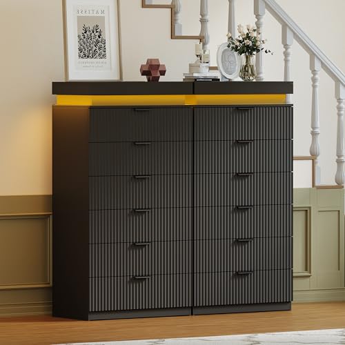 Image of Black Tall 6 Drawer Dresser with LED Lights and Charging Station, 53 inch Tall Wood Fluted Dresser for Bedroom, Modern Chest of Drawers for Closet Organizer Cabinet for Living Room, Hallway