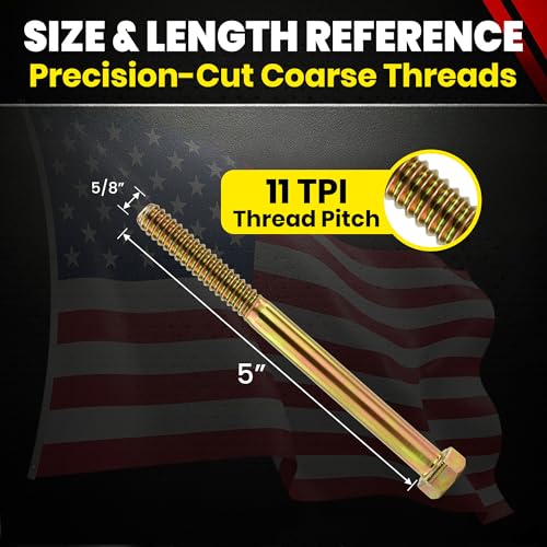 Image of Chenango Supply 5 /8-11 x 5 Grade 8 Hex Head Cap Screws, Alloy Steel Hex Bolts, 150,000 PSI Tensile Strength, Yellow Zinc Chromate Finish, USS Coarse Thread Fasteners (10 Pack, 5 /8-11 x 5 G8)