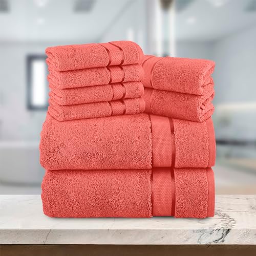 Image of Elegant Comfort Premium Cotton 8-Piece Towel Set, Includes 4 Washcloths, 2 Hand & Bath Towels, 100% Turkish Cotton - Highly Absorbent and Super Soft Towels for Bathroom, Coral (Pack of 4)