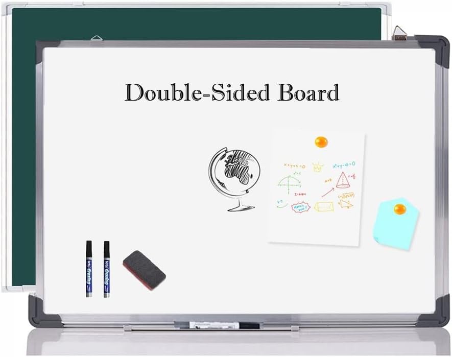 Magnetic White board, Chalkboard, Blackboard, Double Sided Dry Wipe Message Bulletin Board – with 1 Eraser, 3 Markers, 4 Magnetics & 1 Accessory Tray – for Home Office School (60 * 45cm, AL Frame)