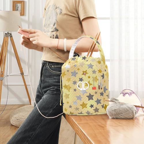 Image of ElliTarr Crochet Bag Yarn Bag with Handle Portable Knitting Project Bag Travel Yarn Storage Organizer Holder Case Cute Silver and Golden Stars