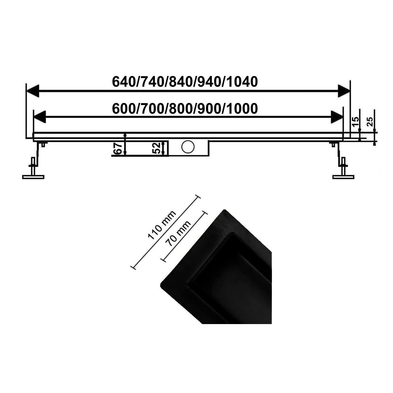 Bulles Caniveau de Douche Italienne avec Siphon Ultra-plate en Acier Inoxydable Grille Sol de Douche Linéaire Hauteur d'installation de 52 m Ensemble Complet Noir 90 cm