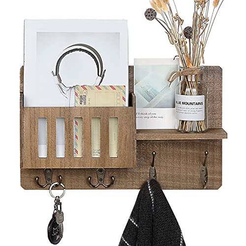 Key Mail Holder Wall Mounted Wooden Mail Sorter Organizer with 4 Double Key Hooks Floating Shelf Rustic Home Decor for Entryway,Bedroom& Office