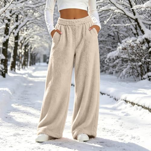 Women's Fuzzy Plush Pajama Pants Wide Leg Pj Bottoms Lounge Pants Beige - image 3