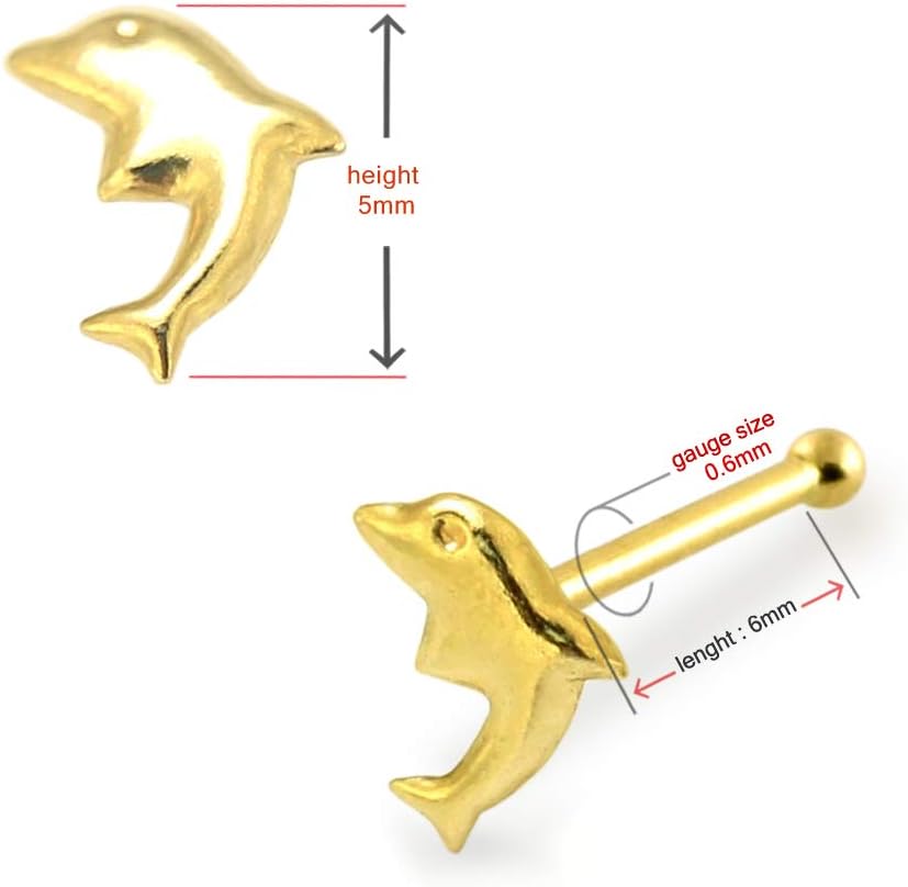 9K Solid Yellow Gold Plain Embossed Dolphin Top 22 Gauge Ball End Nose Stud - Tiny Nose Pin - Gold Nose Bone Stud Piercing Body Jewelry