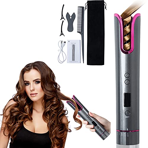 Irishom Cordless Auto Hair Curler,Automatic Anti-Tangle Iron Rechargeable Auto ,4 Temperature & 6 Timer Settings LCD Display Rotary,Portable Curling or Waves Wand Styling Tools Set for Travel & Home