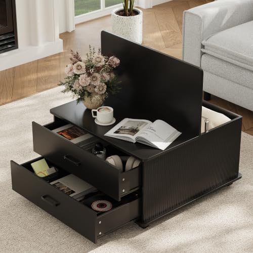 Image of MALOL Storage Coffee Table with 2 Drawers & Flip-Top Lid with Hidden Storage, Modern Fluted Wood Coffee Table, Solid Wood Legs, Square Center Table for Living Room, Black