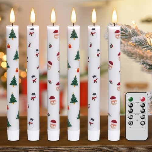 Image of Eldnacele Christmas Taper Flameless Candle Remote and Timer, Battery Operated 3D Wick Flickering Christmas Tree,Santa,Snowman Decal Candles Real Wax LED Candles Dinner Holiday Decor(6Pcs,0.78 inchx9.6 inch