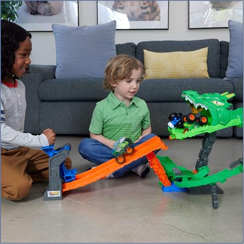 image for Hot Wheels Toy Monster Trucks, Sharks vs. Dinos Dragon Destruction Pla