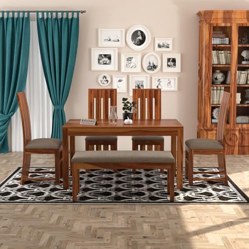 Image of Sheesham Wood 4 Chair with 1 Bench Dining Table Set with Cushioned Chairs for Dining Room | Living Room | Home & Office | (6 Seater with Bench, Honey B)