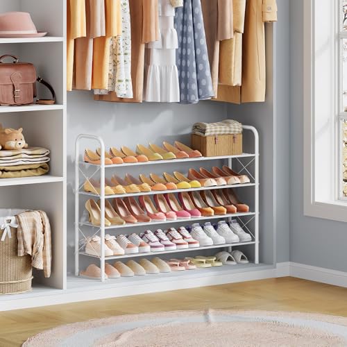 Image of Hoctieon 4 Tier Mesh Style Shoe Rack, Entryway Shoe Shelf, Shoe Storage Organizer, Shoe Rack for Closet, Space Save for Bathroom, Garage, Hallway, Bedroom, Living Room, White