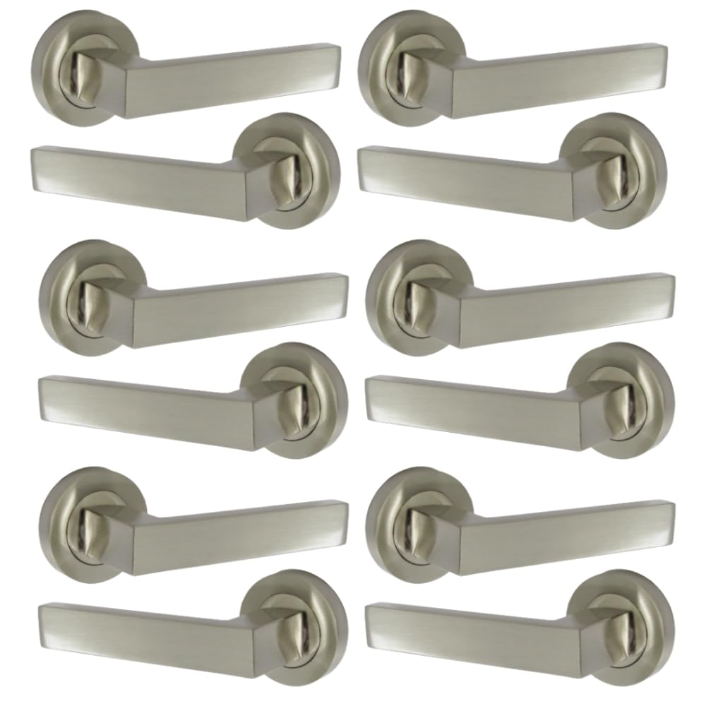 Epsom Door Handle – Modern Satin Nickel Lever on Rose (122mm Handle, 52mm Rose) | 6 Pack Stylish Square Contemporary Internal Door Handles