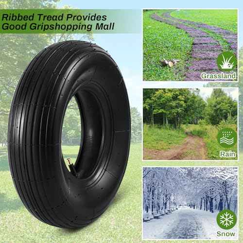 Image of 4 Sets 13'' 4.00-6 Replacement Tire and Inner Tube Set Heavy Duty 4.00-6 Tire and Wheel with TR13 Straight Valve Stem and Ribbed Treads, for Wheelbarrow Trolley Garden Wagon Wheels