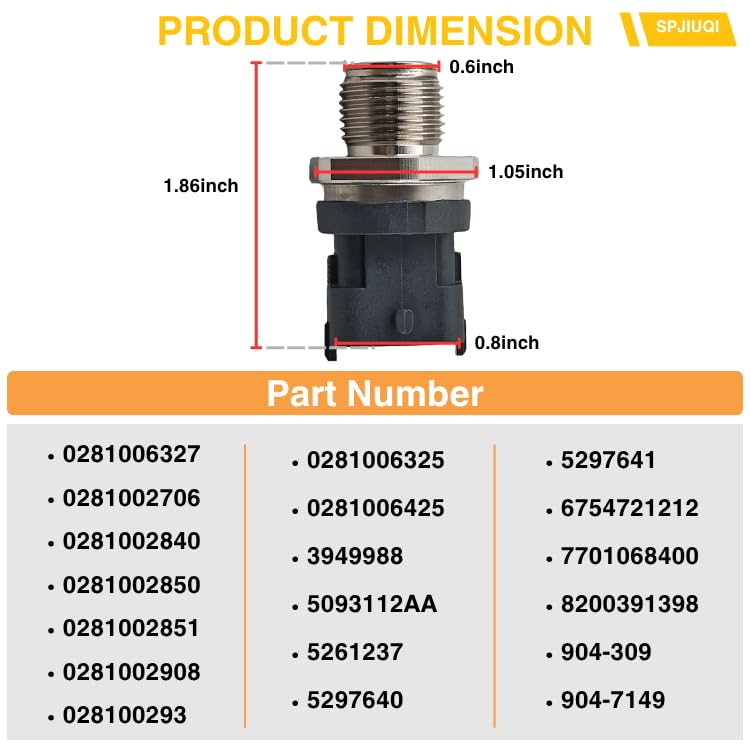 0281006327 Fuel Rail Pressure Sensor for Dodge Ram 6.7L Cummins | for Dodge Ram 2500 3500 2007.5-2012 6.7L Cummins, for Ram 4500 5500, for Cummins ISB 6.7L ISB 4.5L, for Freightliner M2