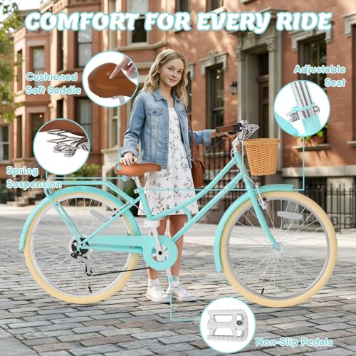 Image of XJD 20 24 26 Inch Girls Bike, 7-Speed Beach Cruiser Bike for Girls Youth and Over 6 Years Old, Kids Bicycles with Dual V-Brakes Rear Rack & Wicker Basket