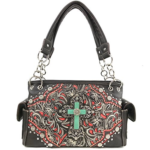 Justin West Turquoise Stone Cross Rhinestone Western Floral Embroidery Handbag2