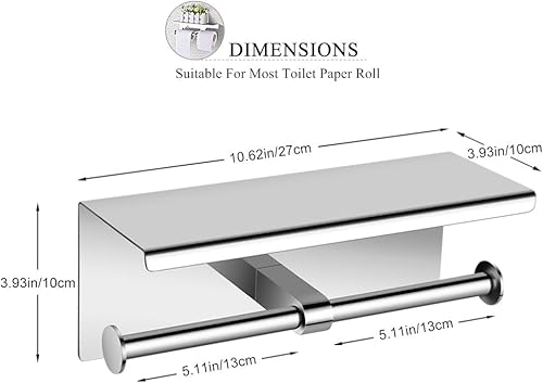 Miniatura 2 de Soporte doble de papel higiénico con estante - Dispensador de acero inoxidable TP montado en la pared - Almacenamiento multiusos para baño