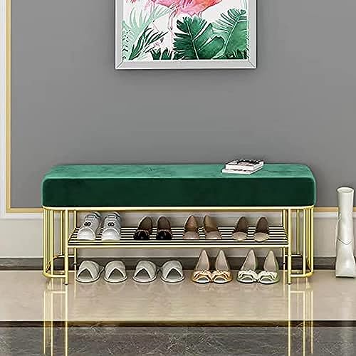 Banc d'entrée meuble de rangement chaussures velours vert moderne 60cm
