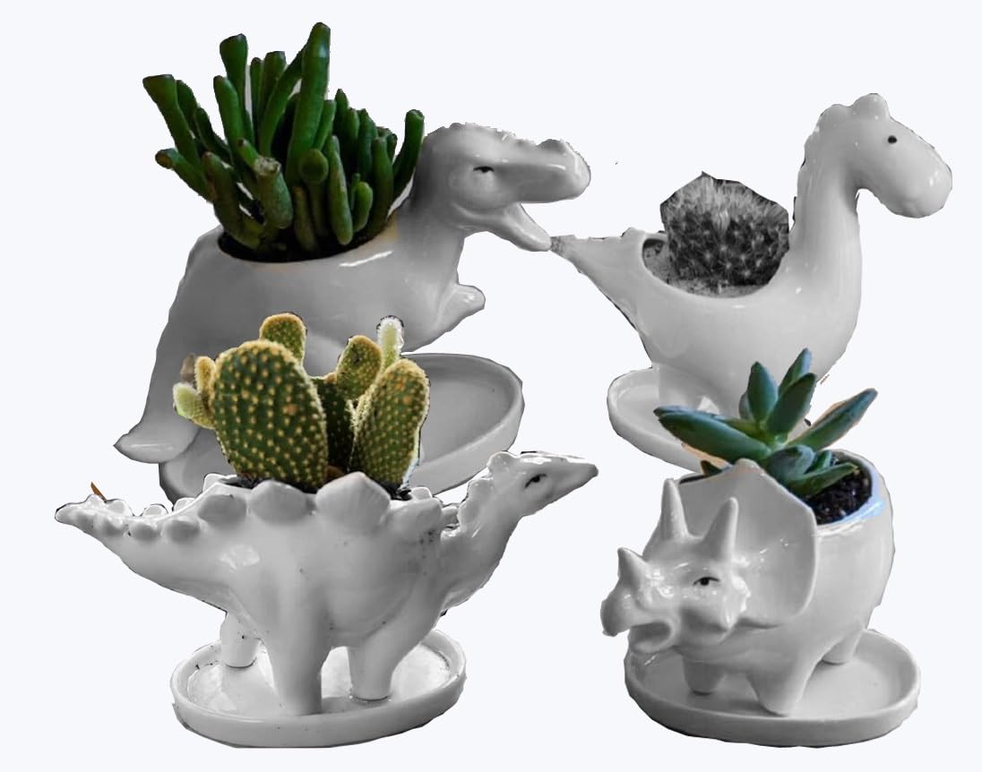 Ruoxian 4pcs Dinosaurl Shaped Planter Small Succulent Pot Small Succulent Pots with Drainage, Ceramic Dinosaurl Planter, Indoor Plant Container Planter with Drainage Hole Home Office Desk Garden