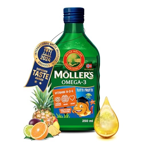 Moller’s ® | Olio di fegato di merluzzo Omega 3 | Integratori alimentari con EPA, DHA, vitamine A, D ed E | Superior Taste Award | Marchio esistente da 166 anni | Tutti Frutti | 250 ml