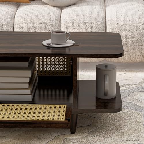 Image of SIDHI Solid Sheesham Wood Coffee Table & Center Table with Rattan Cane Lift-Down Shutter & Both Side Open Shelves for Living Room (Walnut Finish)
