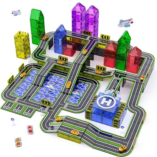 Magnetic Tiles,121PCS Magnet Tiles Road Set with Pullback Cars for 3+ year old Boys,Magnetic Toys for Kids Ages 4-8 with Ship,Airplane,Traffic Sign,STEM Classroom Educational Birthday Gifts Toys