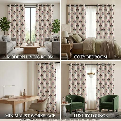 Image of VAS COLLECTIONS 100% Room Darkening Blackout Door Curtains Set of 2, 7 Feet (121 x 213 cm), Floral Design Long Curtains for Living Room & Bedroom, Thermal Insulated, Privacy Curtains (Heritage Crim)