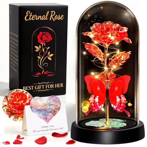 HAOCEE Geschenke für Frauen Ewige Rose im Glas mit SchmetterlingenLED Glaskuppel Galaxierosen Muttertagsgeschenk für Mama Valentinstag Geburtstag Frau sie Freundin OmaRot-Gold Schmetterling