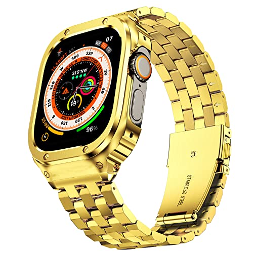 SUPLINK Stainless Steel Case with Band Compatible with Apple Watch Strap Ultra 2/1 49mm Metal Rugged Protector Cover for iWatch Men (Gold)