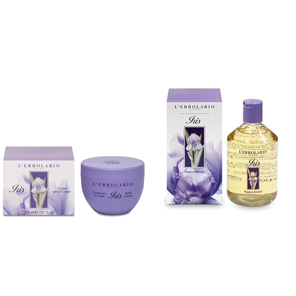L'Erbolario, Crema Corpo Iris, Trattamento Idratante, Trattamento Vellutante e Ammorbidente, 300 ml & Iris vasca da bagno e gel doccia - 250 ml