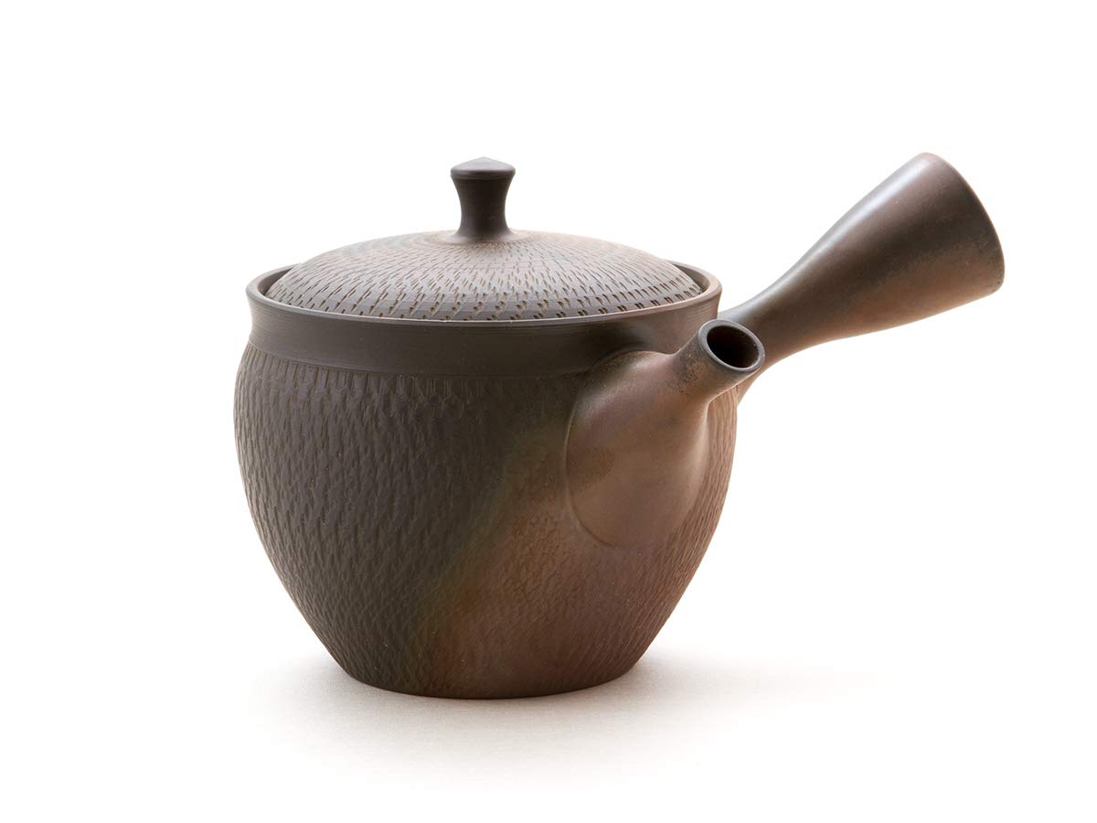 Japanische Teekanne Sendan Kaku, Keramik Kyusu Tokoname Japan. Schwarz. Integriertes Tee-Sieb, Nicht glasiert