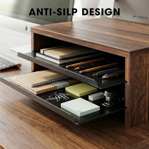 Image of Fenge 42.5Inch Corner Monitor Stand with Drawer, 3-Tier Monitor Riser with Slide-Out Tray