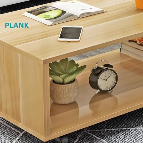 Image of MATTERHORN Wooden Coffee Table with Wheels & Storage Shelf | Modern Centre Table for Living Room, Tea & Drawing Room | Free Assembly, 80 x 40 x 40 cm (MOCT-R92101) (Almond Beige)