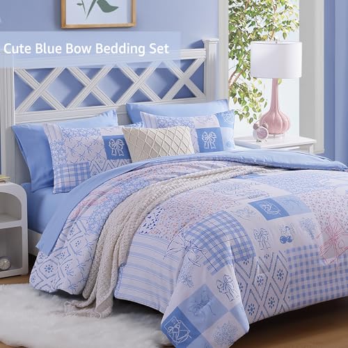 Image of Twin XL Comforter Set for Girls Blue Bow Floral 5 Pieces Bed in a Bag
