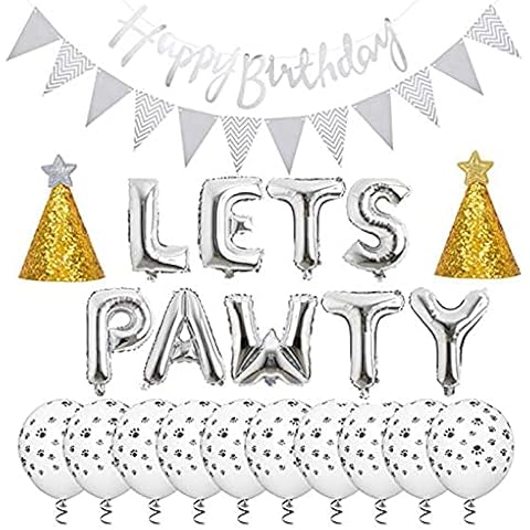 Esweny Dog Cat Birthday Party Supplies,Dog Cat Party Decorations ,Lets Pawty Balloons Dog Cat Birthday Hat, Happy Birthday Banner Foil Balloons Pet Party Decoration Cover